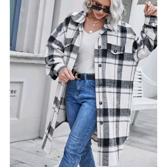 Plaid Drop Shoulder Button Oversized Coat - Picture 6 of 12